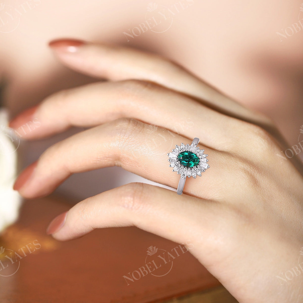 Art deco Oval Lab Emerald Halo Engagement Ring White Gold